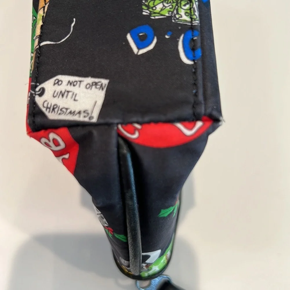 VTG 1994 Nicole Miller Silk Cosmetic Pouch Leather Trim Christmas Ski Travel